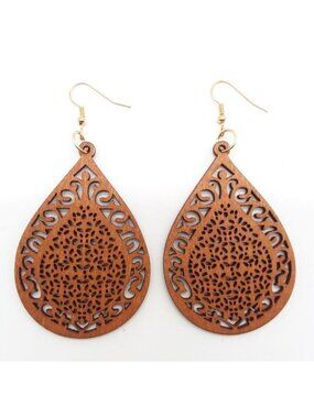 Earrings Wood Large Hollow Cut Bohemian Hindu Boho Carved Hippie Trendy Stylish
